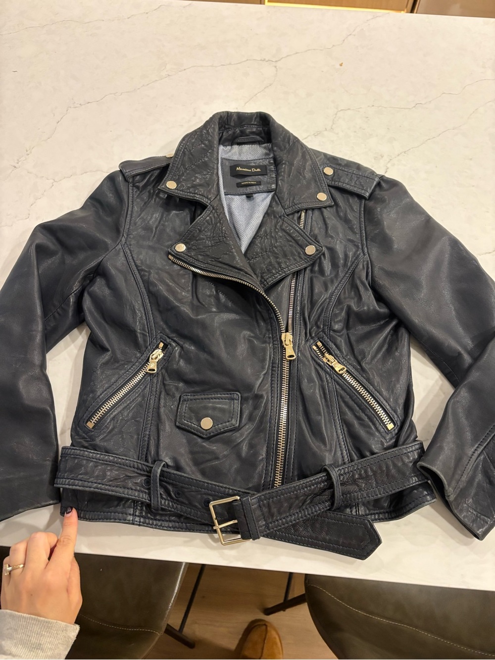 Massimo Dutti Dark Navy Genuine Leather Biker Jacket